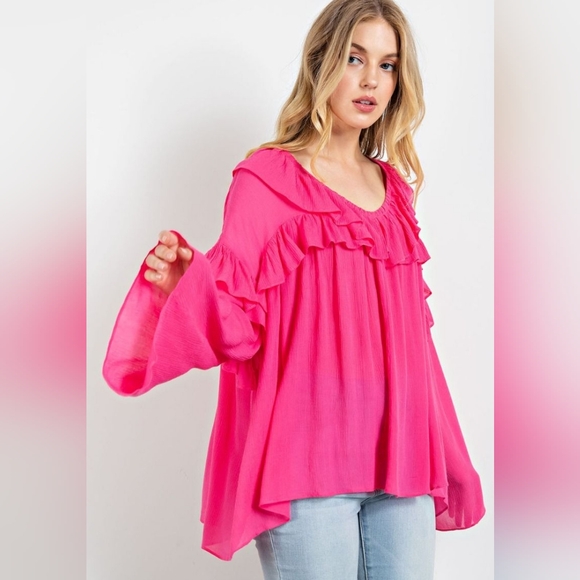 Easel Hot Pink Oversized Ruffled Bell Sleeve Boho Top - Picture 2 of 5